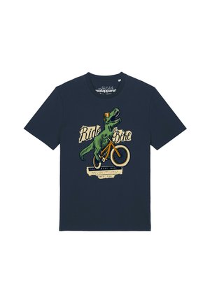 Marineblaues T-Shirt mit einer Grafik eines grünen Dinosauriers, der ein orangefarbenes Fahrrad fährt, und dem Text "Ride a Bike" auf der Vorderseite.