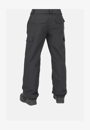 Mustat cargo-housut kapealla istuvuudella, joissa on useita taskuja, joustavat hihnat ja vahvistetut saumat kestävyydelle.