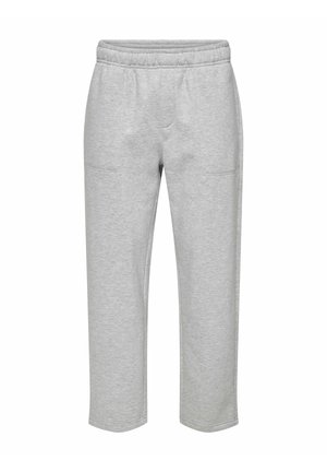 Graue Sweatpants aus weichem Stoff mit elastischem Bund, ausgestattet mit zwei Seitentaschen und einem lockeren, geraden Schnitt.