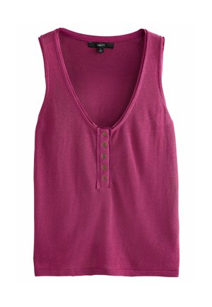 Fuchsia ärmlös topp i stickad kvalitet, med en djup V-ringning och fem metallknappar fram för stängning.