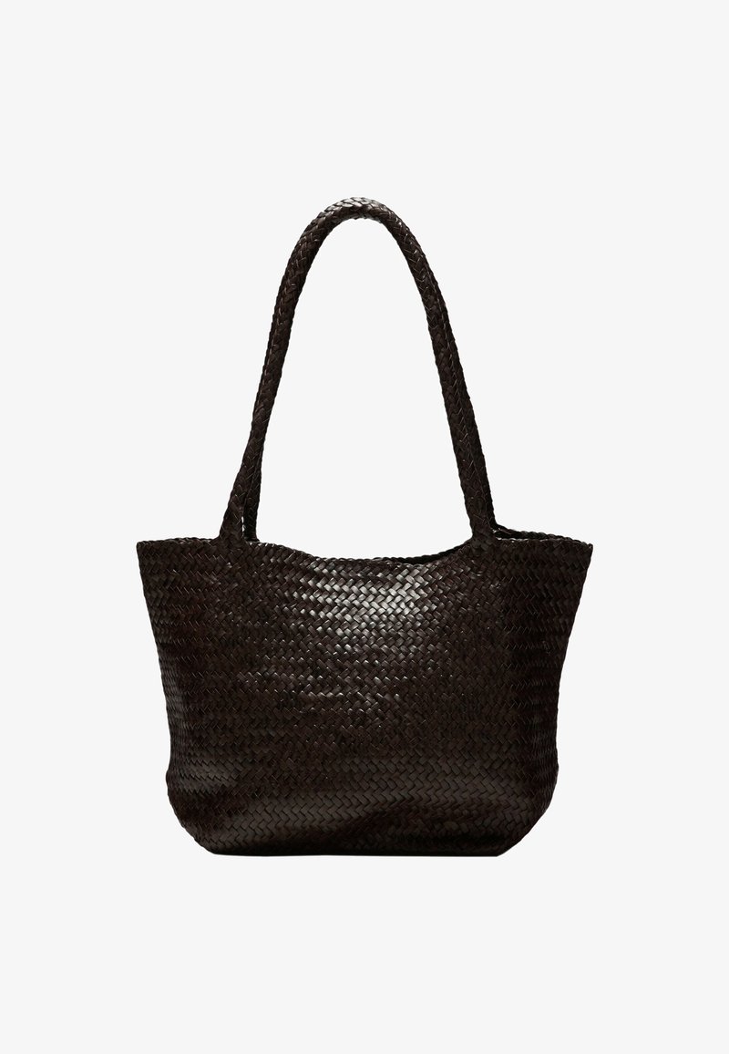 Woven dark brown tote bag with two long handles, featuring a textured surface and an open-top design.