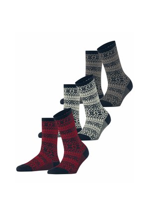 Set mit vier Socken in gemustertem Design in Rot, Dunkelblau und Creme. Mit gerippten Bündchen und kontrastierenden Zehen. Aus einem Baumwoll-Mischgewebe.