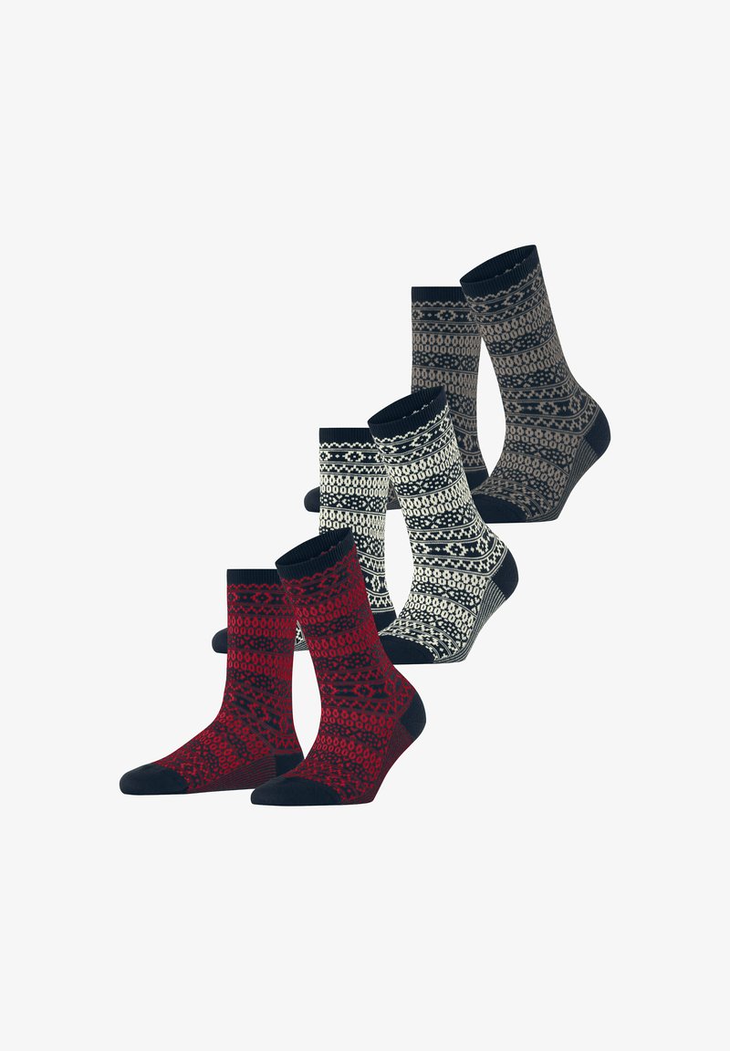 Set mit vier Socken in gemustertem Design in Rot, Dunkelblau und Creme. Mit gerippten Bündchen und kontrastierenden Zehen. Aus einem Baumwoll-Mischgewebe.