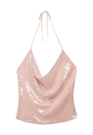 Haut halter rose à paillettes avec un décolleté drapé et de fines bretelles qui se nouent derrière le cou.