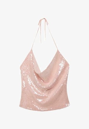 Růžový flitrový top s halterem, s nabíraným výstřihem a tenkými ramínky zavazujícími se za krkem.