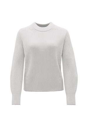 Maglione grigio chiaro a coste con collo a giro, maniche lunghe e vestibilità rilassata. Presenta un tessuto testurizzato e un design semplice.