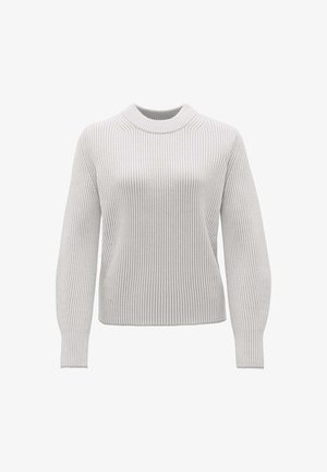 Maglione grigio chiaro a coste con collo a giro, maniche lunghe e vestibilità rilassata. Presenta un tessuto testurizzato e un design semplice.
