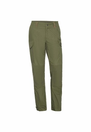 Olivgrüne Cargo-Hose mit Knopf- und Reißverschluss, Gürtelschlaufen, zwei seitlichen Klappentaschen und verstärkten Kniepolstern.