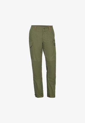 Olivgrüne Cargo-Hose mit Knopf- und Reißverschluss, Gürtelschlaufen, zwei seitlichen Klappentaschen und verstärkten Kniepolstern.