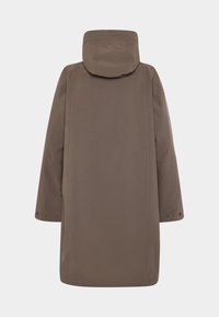 Manteau marron, de longueur genou avec capuche, présentant une coupe droite, des boutons pression aux manches et de subtils détails de couture dans le dos.