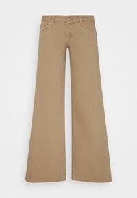 Jeans de perna larga bege feitos de algodão com uma textura suave, apresentando um fecho frontal por botão e passantes para cinto.