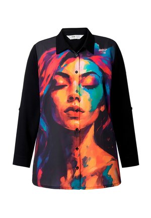 Camicia con bottoni caratterizzata da un ritratto astratto e colorato sul davanti, con maniche lunghe nere e colletto nero. Tessuto sintetico morbido.