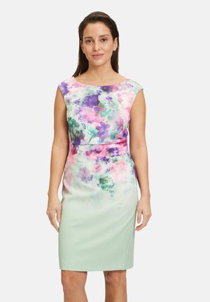 Floral print dress featuring watercolor-like patterns in purple, pink, and green. Fitted silhouette, cap sleeves, and knee-length design.