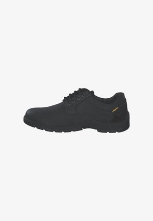Black leather shoe with a rounded toe, lace-up design, textured surface, and padded collar. Features a rubber sole and minimal decorative accents.