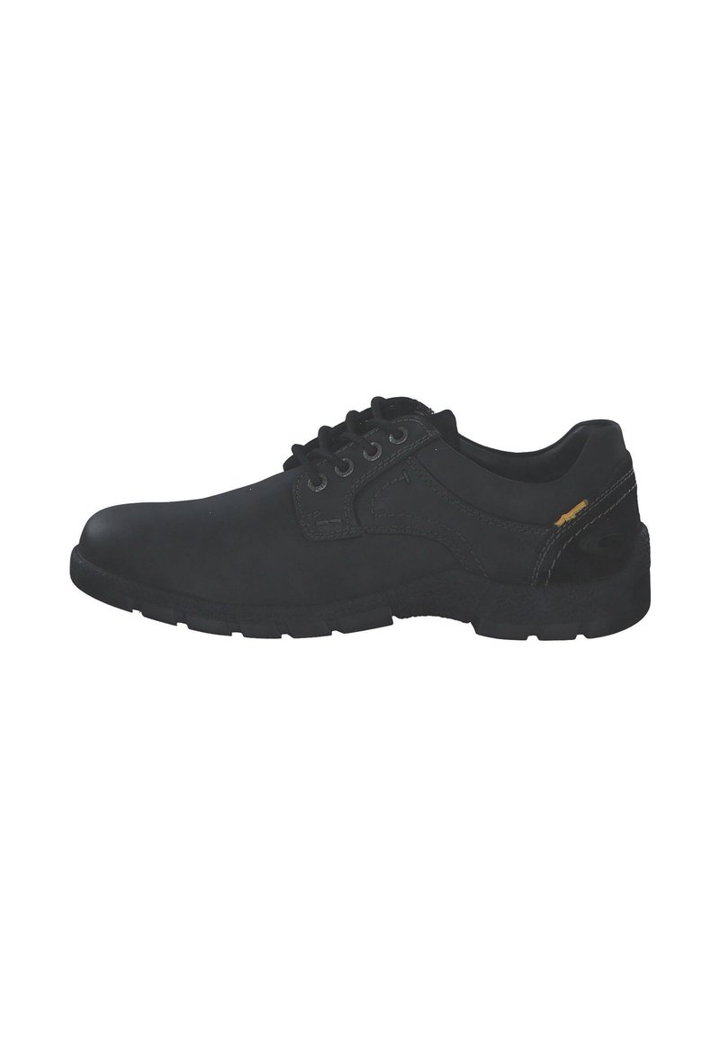 Schwarzer Lederschuh mit runder Zehenform, Schnürdesign, strukturierten Oberflächen und gepolstertem Kragen. Verfügt über eine Gummisohle und minimalistische Dekorationselemente.
