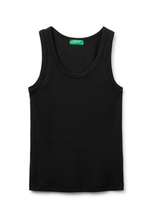 Czarny bezrękawnik z prążkowanej dzianiny, okrągły dekolt i zielona metka United Colors of Benetton na wewnętrznym kołnierzu.