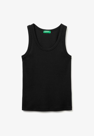 Czarny bezrękawnik z prążkowanej dzianiny, okrągły dekolt i zielona metka United Colors of Benetton na wewnętrznym kołnierzu.