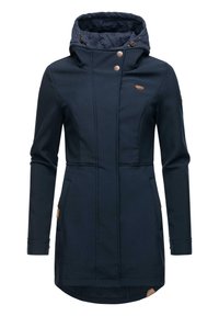 Navy blue softshell coat with a quilted hood, two side pockets, and three bronze buttons on the front. Features a longer back hem.