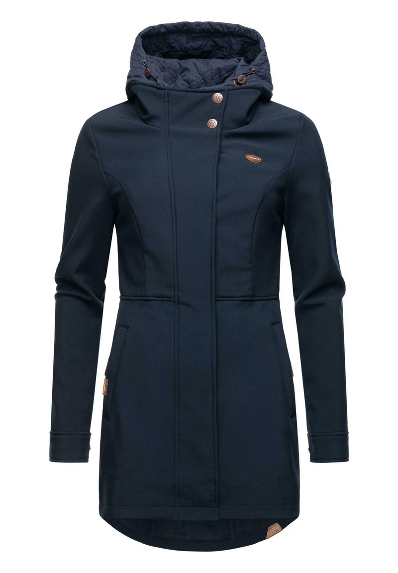 Navy blue softshell coat with a quilted hood, two side pockets, and three bronze buttons on the front. Features a longer back hem.