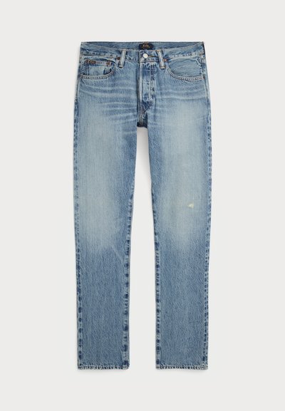 Hellblaue Denim-Jeans mit geradem Bein, ausgestattet mit einem verwaschenen Look, dezenten Abnutzungen und dem klassischen fünf-Taschen-Design.