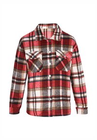 Rode geruite flanellen shirt met knoopsluiting aan de voorkant, twee borstzakken en lange mouwen. Heeft een mix van bruine, witte en zwarte patronen.
