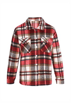 Red plaid flannel shirt with button-front closure, two chest pockets, and long sleeves. Features a mix of brown, white, and black patterns.