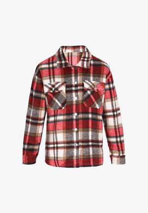 Camicia in flanella a quadri rossi con chiusura frontale a bottoni, due tasche sul petto e maniche lunghe. Presenta una combinazione di motivi marroni, bianchi e neri.