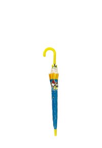 Blue umbrella with a yellow hook handle, featuring a graphic design of boats and water, and a glossy finish on the canopy.