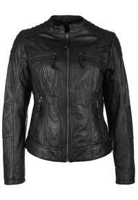 Schwarze Lederjacke mit tailliertem Design, ausgestattet mit gesteppten Schultereinsätzen, zwei mit Reißverschluss versehenen Fronttaschen und einem hohen Kragen.