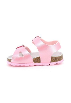 Sandalo rosa per bambini con due cinturini regolabili, soletta in sughero e suola in gomma rosa su sfondo bianco.