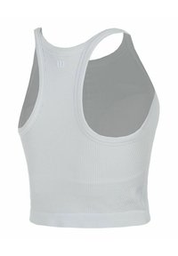Helles graues, geripptes Sport-BH mit Racerback-Design, das eine glatte Textur und dezente Branding auf dem Rücken aufweist.
