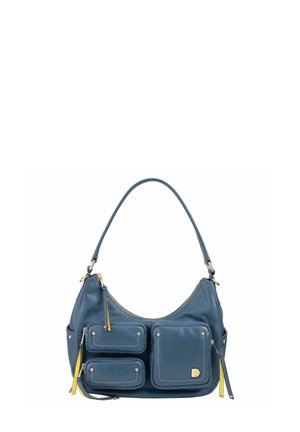 Blaue Lederhandtasche mit drei vorderen Reißverschlusstaschen, goldfarbenen Beschlägen, gelben Reißverschluss-Zippern und einem einzelnen gebogenen Schulterriemen.