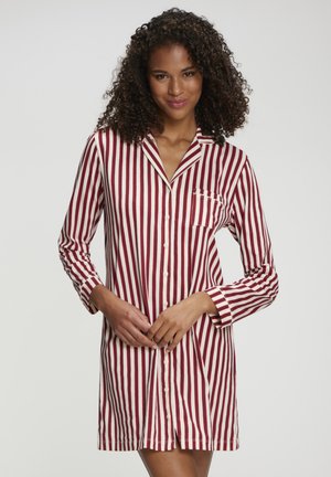 Striped nightshirt in red and white, button-up design, long sleeves, collar, and single chest pocket. Made from soft fabric.