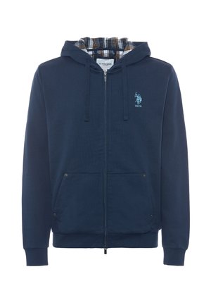 Felpa con zip di colore blu navy, con foderatura a quadri, cappuccio regolabile con cordino, tasche frontali e logo ricamato sul petto. Texture del tessuto morbida.