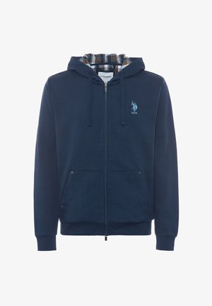 Felpa con zip di colore blu navy, con foderatura a quadri, cappuccio regolabile con cordino, tasche frontali e logo ricamato sul petto. Texture del tessuto morbida.