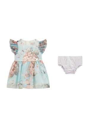 Robe bébé avec manches volantées à motif papillons et bloomer blanc élastique assorti à la taille.