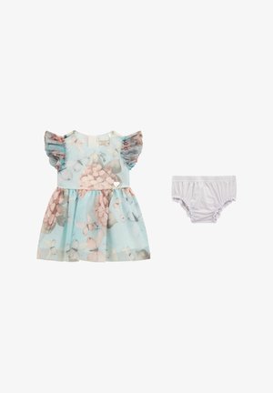 Robe bébé avec manches volantées à motif papillons et bloomer blanc élastique assorti à la taille.