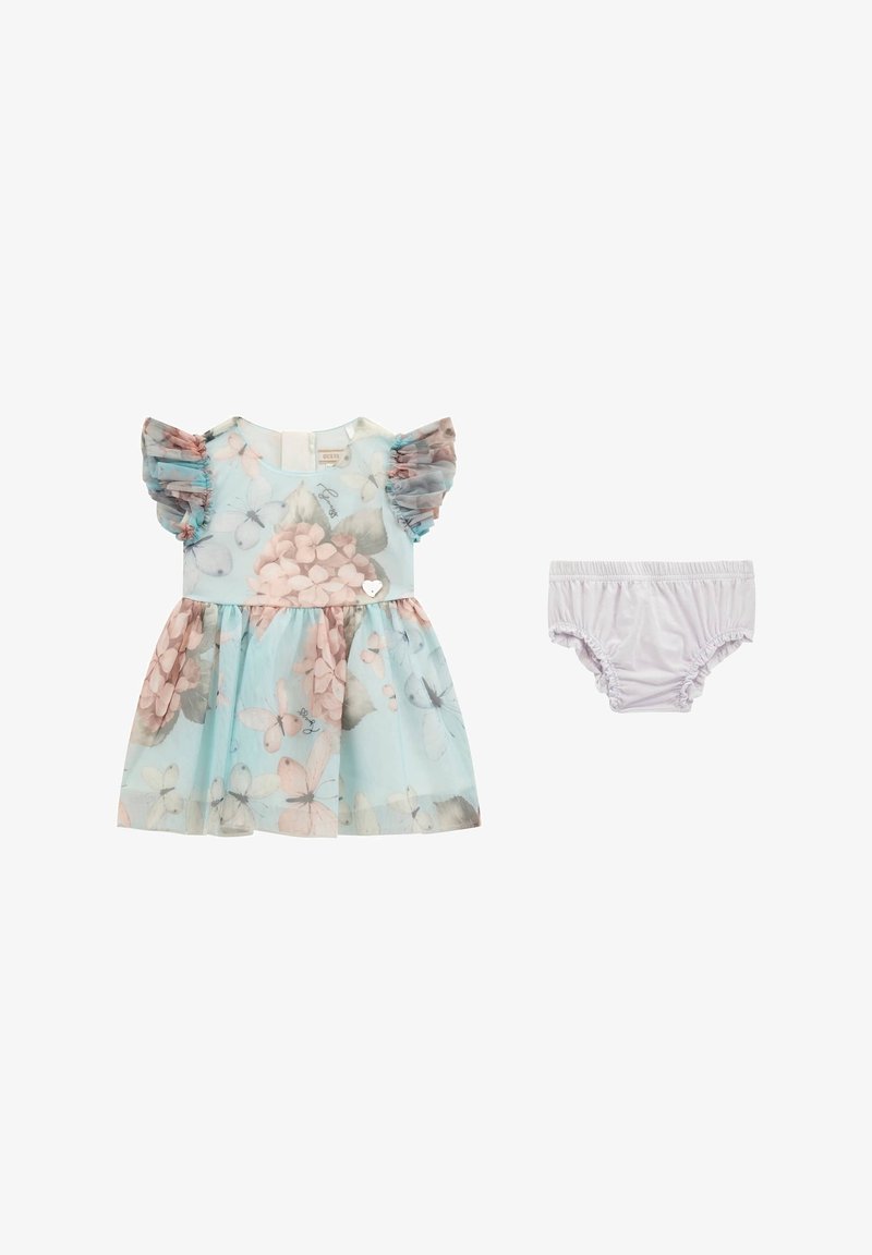 Robe bébé avec manches volantées à motif papillons et bloomer blanc élastique assorti à la taille.