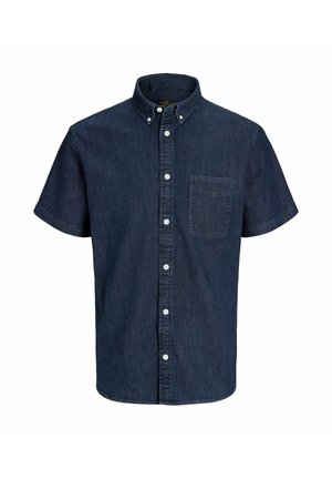 Chemise en jean bleu foncé à manches courtes avec col boutonné, poche poitrine avant et boutons blancs au centre.
