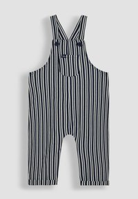 Gestreifter Overall in Marineblau und Creme, aus weichem Stoff hergestellt. Verfügt über verstellbare Träger, eine Vordertasche und aufgerollte Säume.