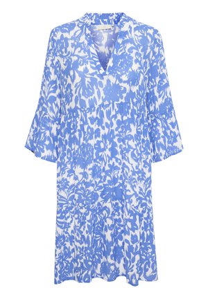 Blauwe en witte jurk met bloemenpatroon, een V-hals, uitlopende mouwen en een gelaagd ontwerp. Gemaakt van lichte, gestructureerde stof.