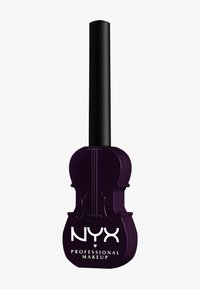 Smalto per unghie viola in una bottiglia a forma di violino con un cappuccio nero; presenta il testo bianco "NYX PROFESSIONAL MAKEUP" sul davanti.
