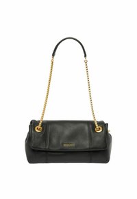 Černá kožená kabelka zaobleného tvaru, s překrývajícím se víkem, zlatým řetízkovým popruhem a vyraženým logem "Trussardi" na přední straně.