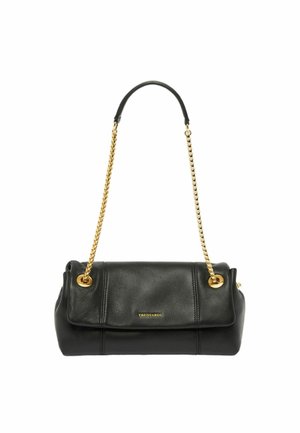 Zwarte leren handtas met een ronde vorm, voorzien van een opklapbare klep, gouden kettingband en het gegraveerde "Trussardi" logo aan de voorkant.