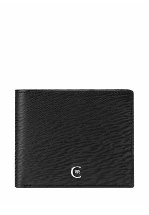 Zwarte, gestructureerde leren bi-fold portemonnee met een klein zilveren logo aan de voorkant, bestaande uit de letter "C" en een gespiegeld "R" erin.