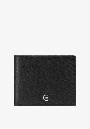 Portafoglio bifold in pelle nera testurizzata con un piccolo logo argento sulla parte anteriore, raffigurante la lettera "C" e una "R" speculare all'interno.