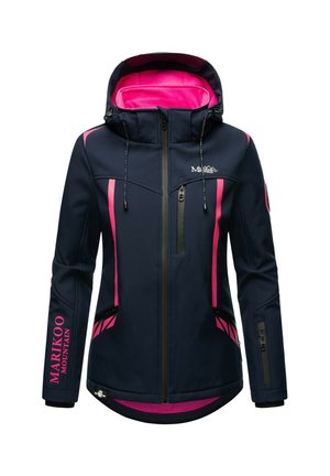 Navy blue softshell jacket with pink accents, hood, full front zipper, zippered chest and side pockets, "Marikoo Mountain" text on sleeve.