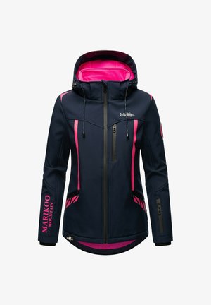 Navy blue softshell jacket with pink accents, hood, full front zipper, zippered chest and side pockets, "Marikoo Mountain" text on sleeve.
