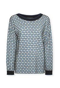 Maglione a maniche lunghe in morbido tessuto con una fantasia a ciottoli blu e bianca, con collo e polsini neri a contrasto.