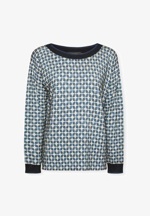Pull à manches longues en tissu doux avec un motif de galets bleu et blanc, col et poignets noirs contrastants.